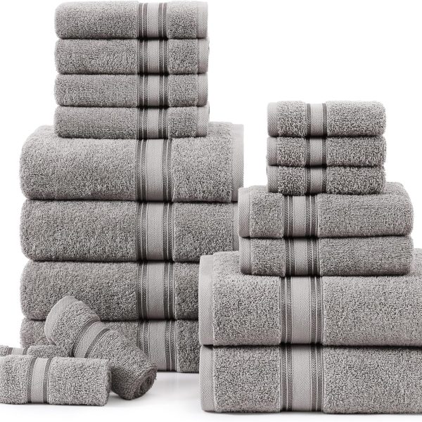 100% Cotton 18 Piece Bath Towel Set - Zero Twist, Quick Dry, Super Soft & Highly Absorbent - 6 Bath, 6 Washcloths, 6 Hand Towels for Bathroom - Hotel Quality Bathroom Towel Set - Grey